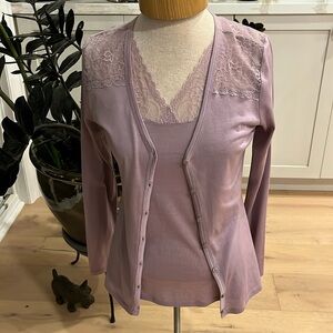 NWT Rosemunde silk blend lace shoulder cardigan and tank set in antique purple